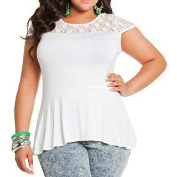 ASHLEY Stewart Lace Yoke Peplum Top White Short Sleeve Plus Size 14 16 - Picture 1 of 8